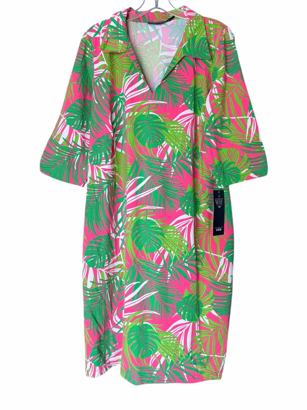 Katherine Way Nola Collared Midi Dress Women's 2X Green Pink 3/4 Sleeves NEW
